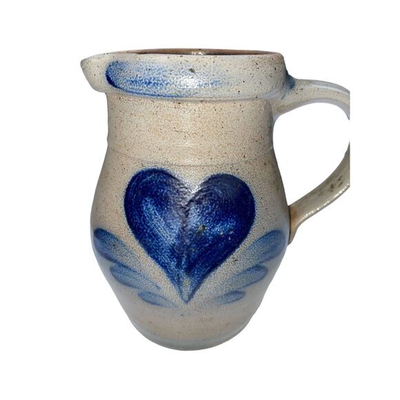 Salt Glazed Stoneware Small Pitcher Creamer Blue Cobalt Heart Country Farmhouse - Picture 1 of 11